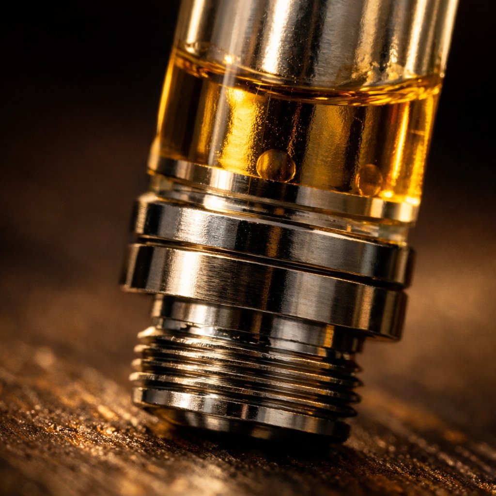 Détail macro du pas de vis 510 et réservoir en verre de cartouche CBD