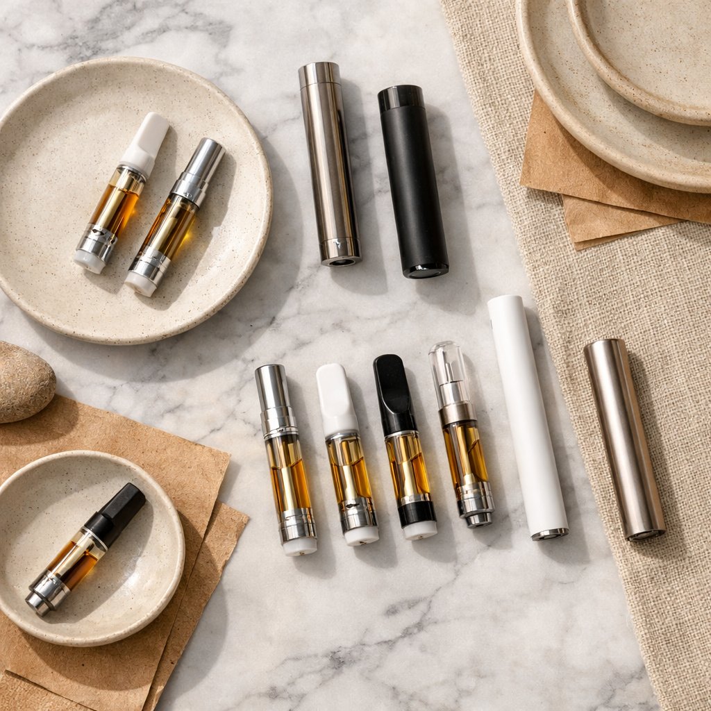 Flat-lay de cartouches CBD 510 et batteries sur marbre et lin