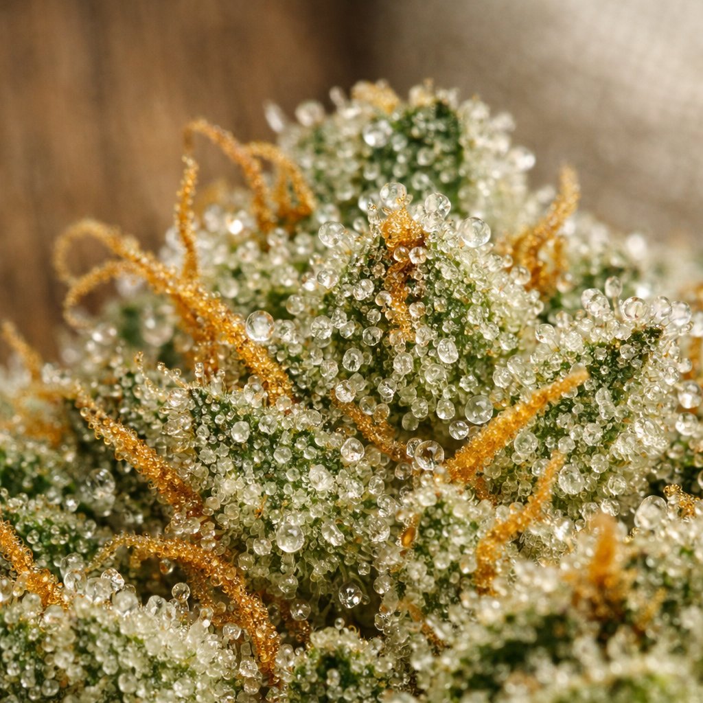 Gros plan macro sur trichomes et résine de fleur CBD