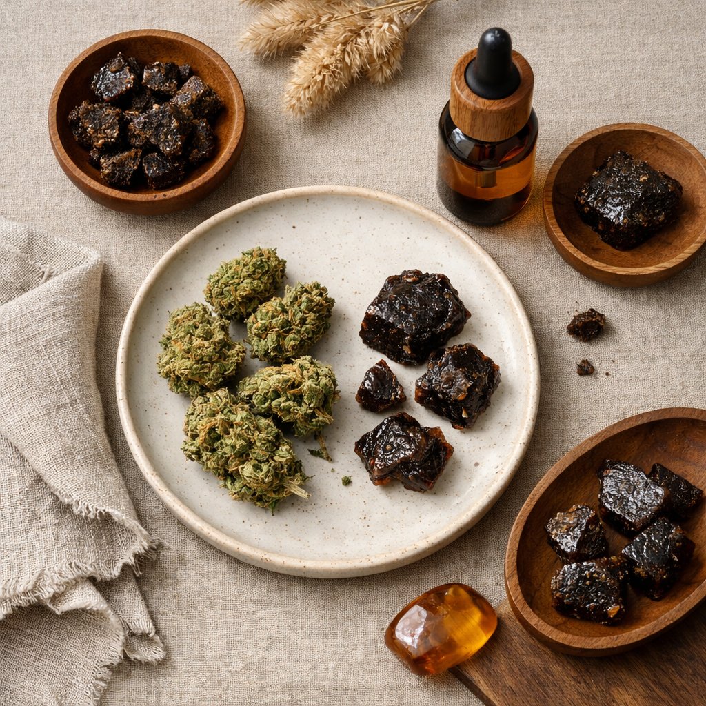 Vue zénithale d’un assortiment de produits CBD sur céramique et lin