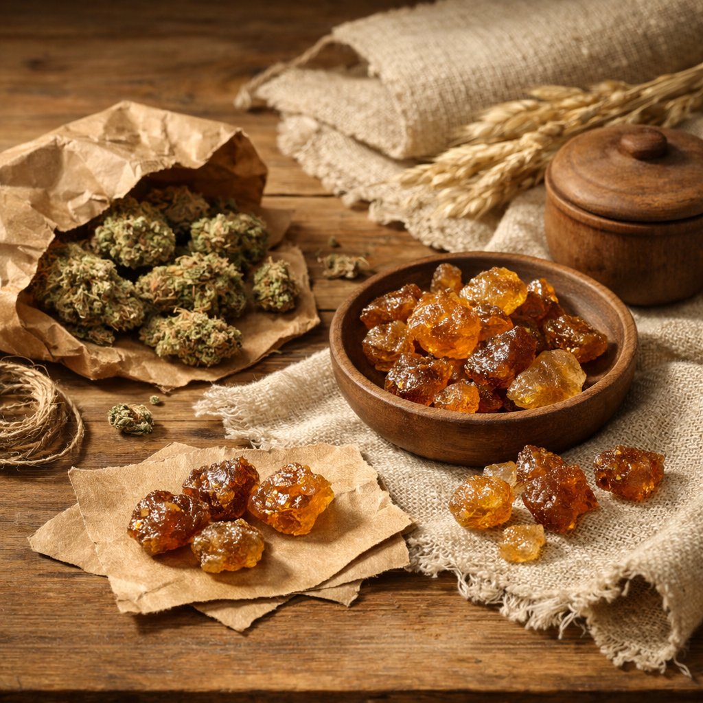Scène ambiante de fleurs CBD séchées et résines sur bois avec accessoires naturels