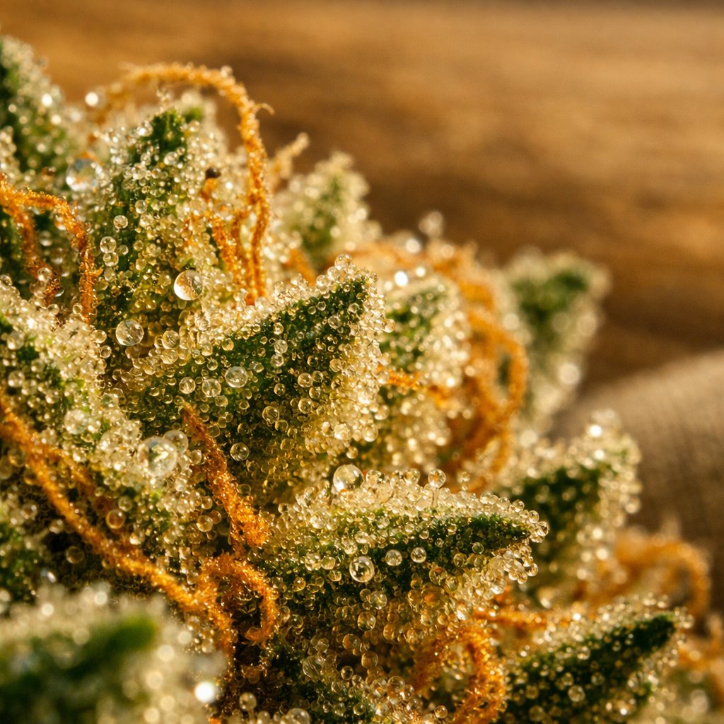 Détail macro des trichomes et résines sur fleur CBD