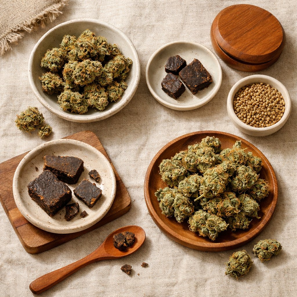 Vue zénithale de fleurs CBD et résines avec accessoires naturels
