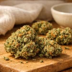 Gros plan sur des fleurs CBD séchées avec trichomes visibles sur une surface bois naturel