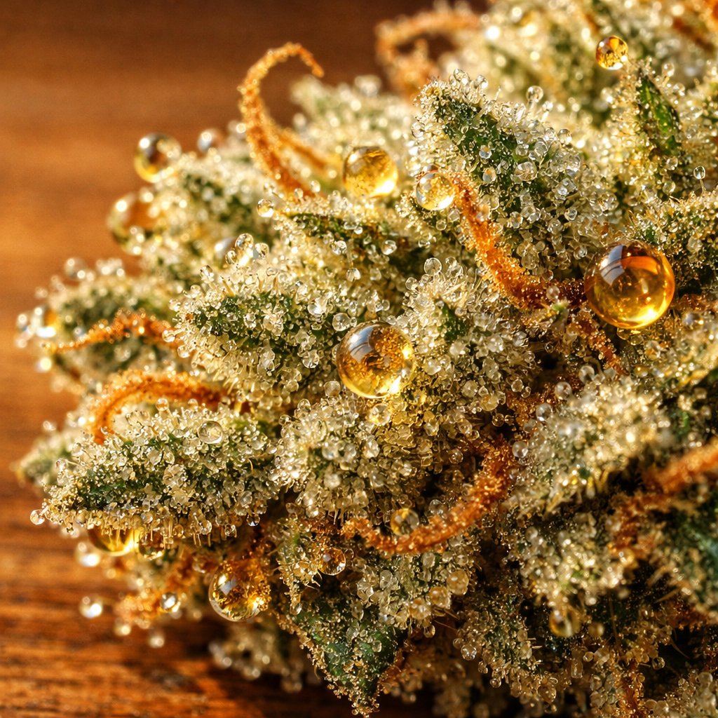 Détail macro des trichomes et résine sur fleur de chanvre séchée