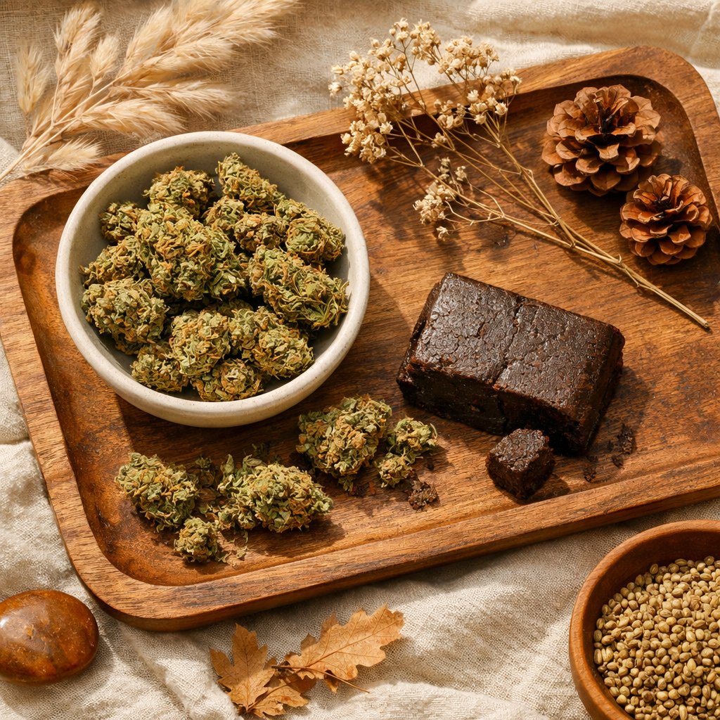 Vue à plat avec fleur CBD séchée, résine de hash et accessoires naturels