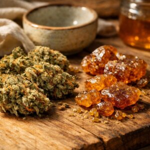 Fleurs séchées et résine CBD sur bois naturel avec lumière ambiante chaude