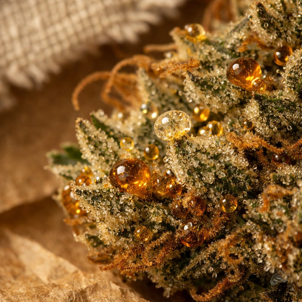 Détail macro sur trichomes et résine de fleurs séchées CBD