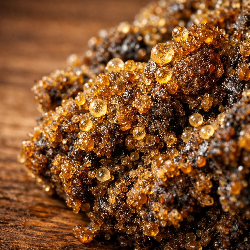 Détail macro des trichomes et texture de résine haschich CBD d’inspiration népalaise