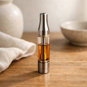 Cartouche CBD élégante posée sur une surface en bois clair avec lumière naturelle