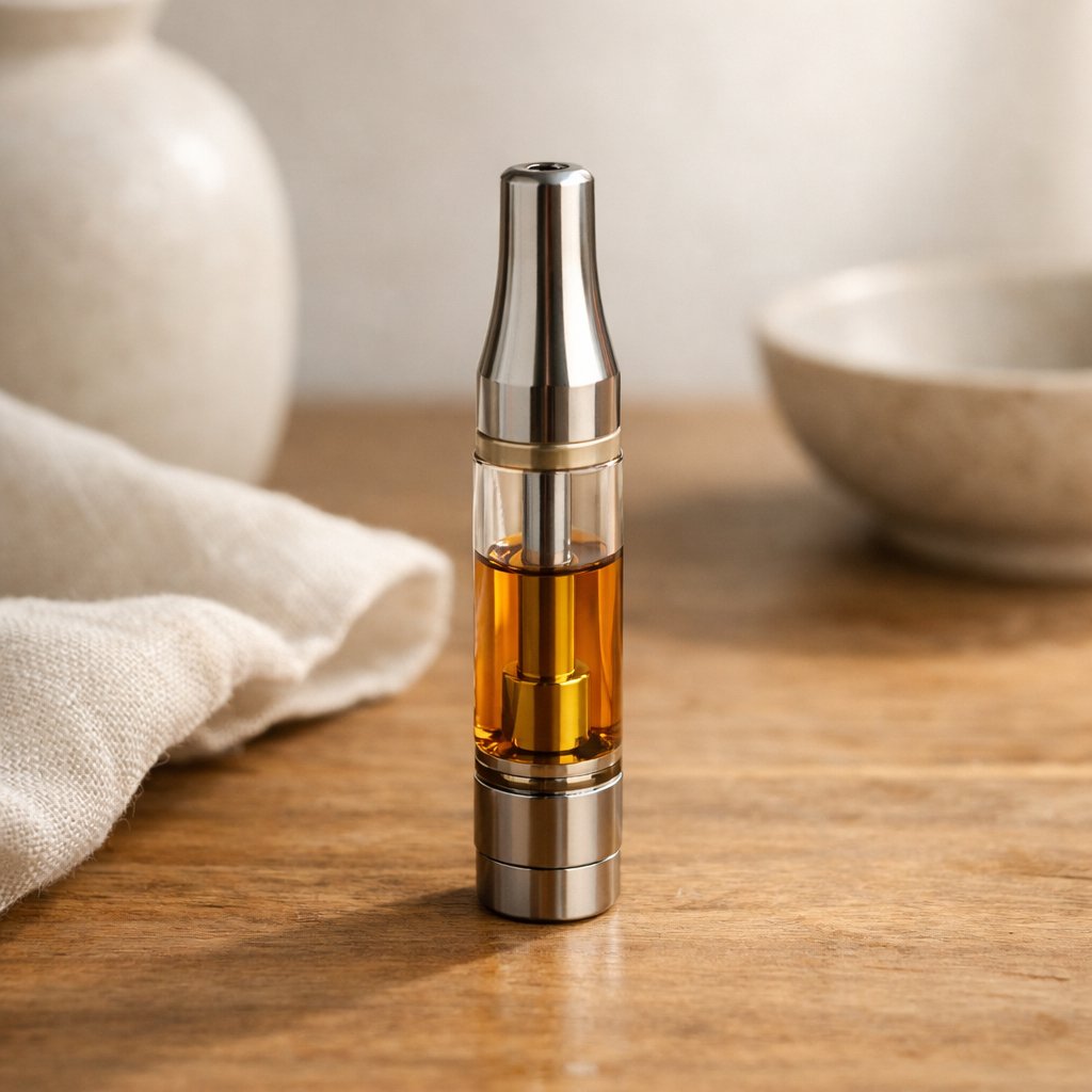 Cartouche CBD élégante posée sur une surface en bois clair avec lumière naturelle