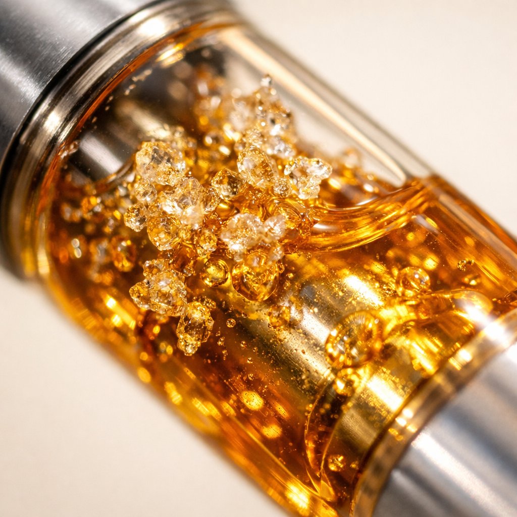 Gros plan sur la texture cristalline du distillat CBD dans une cartouche
