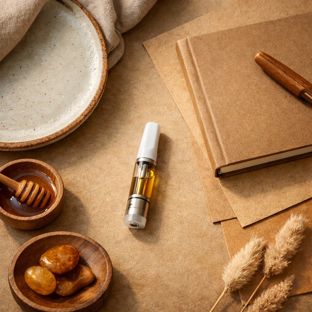 Composition flat-lay avec cartouche CBD et accessoires lifestyle neutres