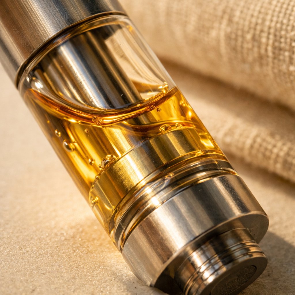 Macro du distillat broad spectrum transparent à l'intérieur d'une cartouche de vape