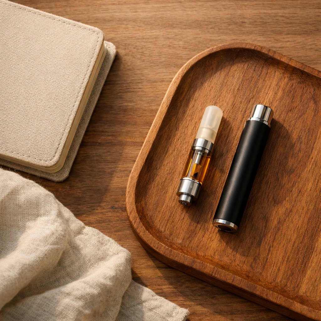 Flat-lay d'un kit vape avec accessoires lifestyle neutres et matériaux naturels