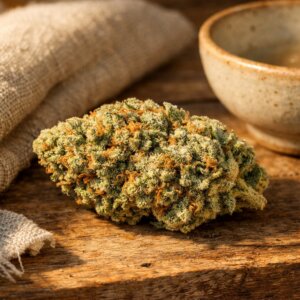 Fleur séchée Gelato CBD posée sur bois naturel avec tissus en lin et céramique