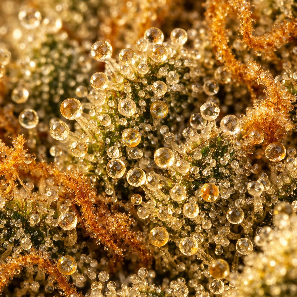 Gros plan macro sur trichomes et résine de fleur Gelato CBD