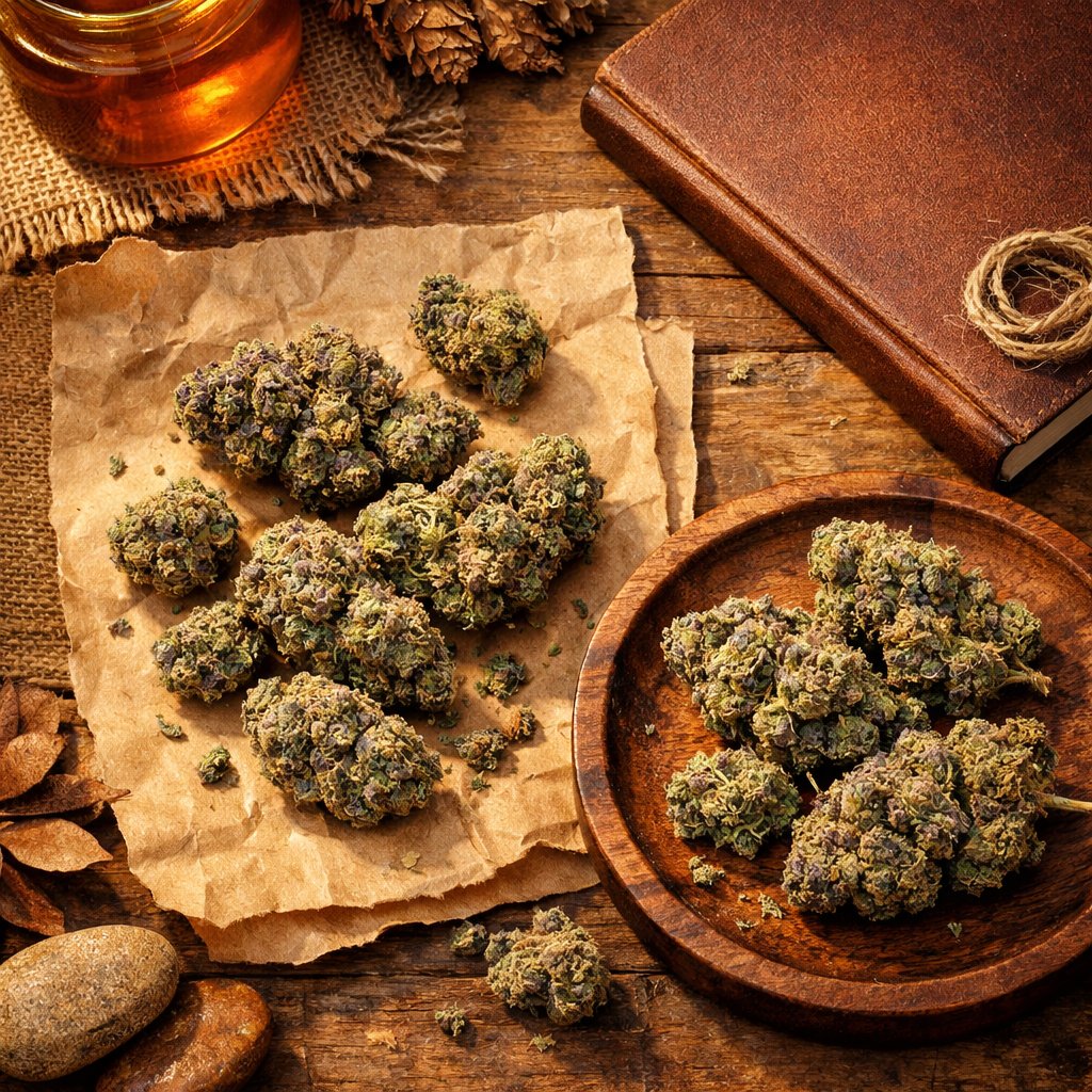 Vue zénithale de petits buds Gelato CBD avec accessoires naturels