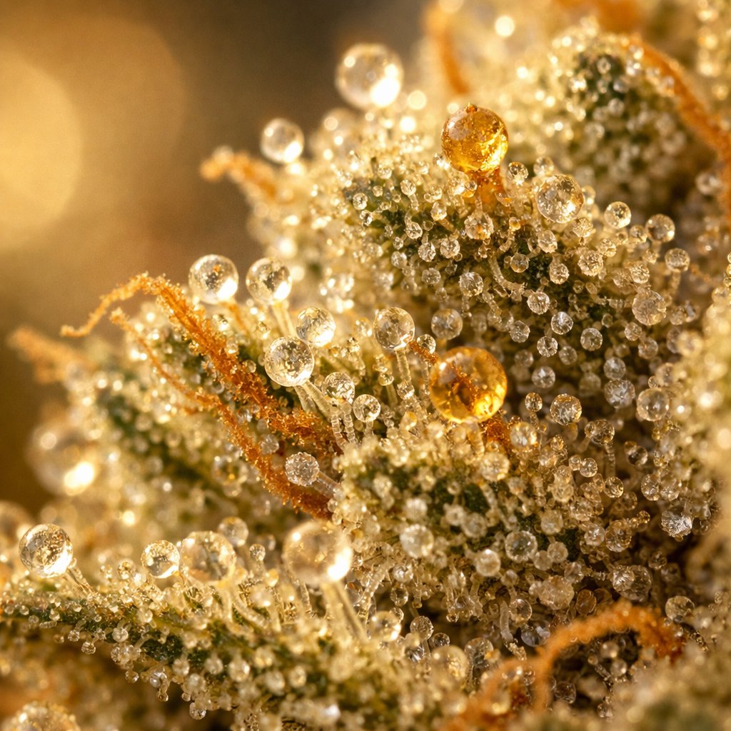 Macro des trichomes cristallins et résine sur une fleur CBD Girl Scout Cookies