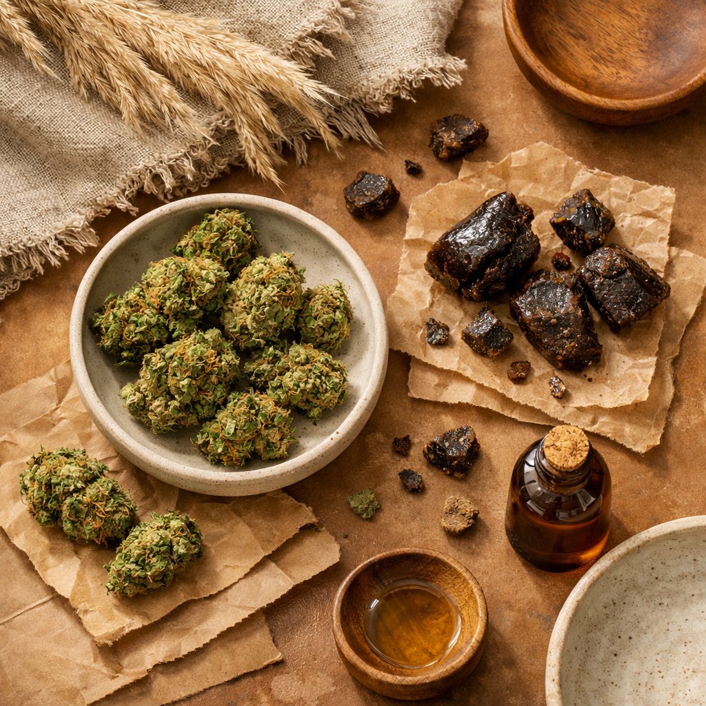 Composition flat-lay avec fleurs CBD, résine et accessoires neutres en ambiance chaleureuse