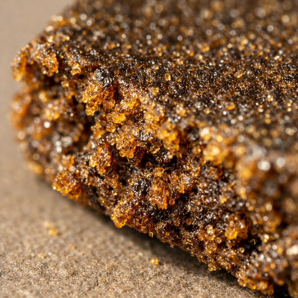 Détail macro des trichomes et résine du haschich marocain