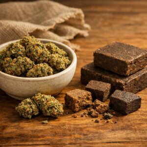 Composition statique de fleurs CBD séchées et morceaux de haschisch sur bois naturel