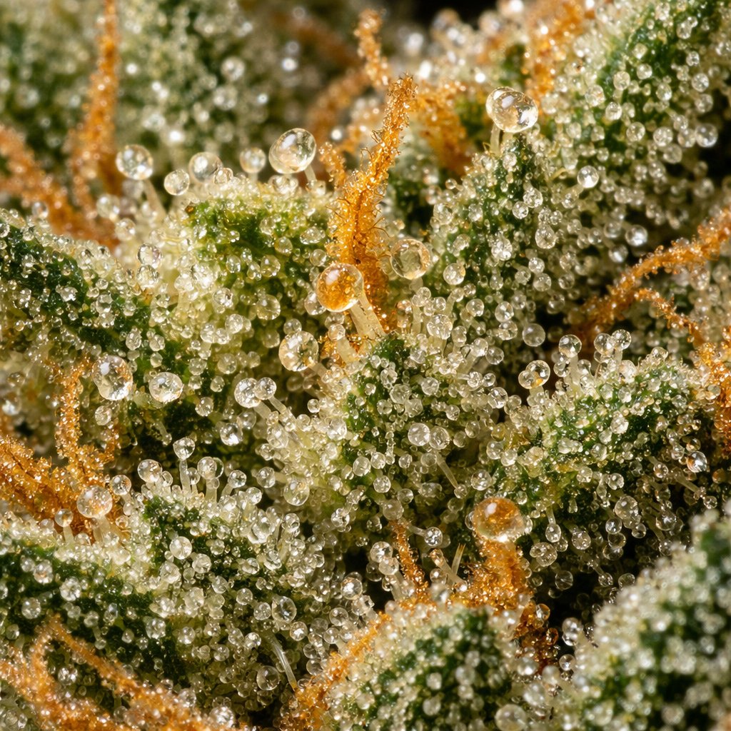 Gros plan macro sur trichomes cristallins d’une fleur CBD dense