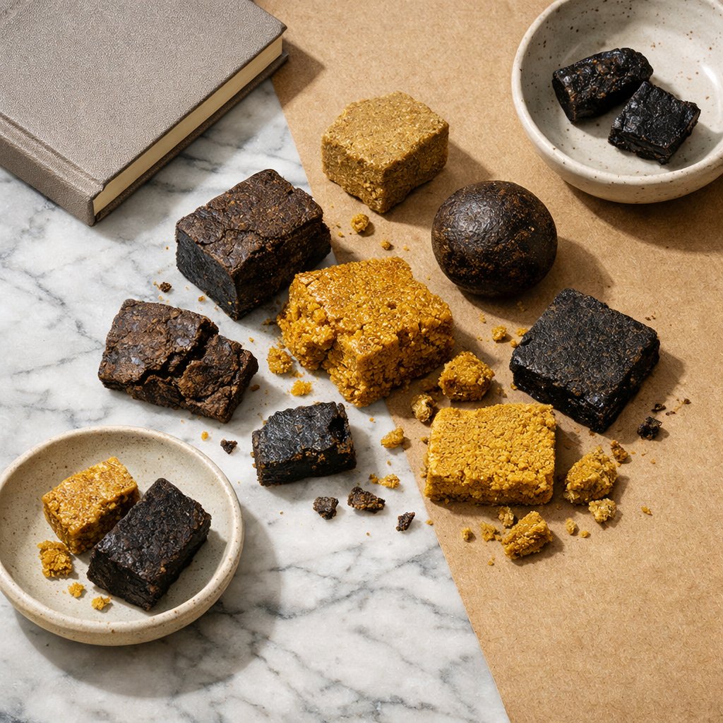 Vue zénithale de morceaux de hash et pollen CBD sur surface marbre et kraft