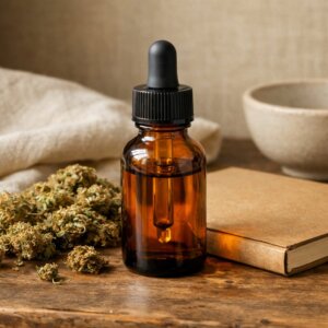 Flacon en verre ambré d’huile CBD pour animaux posé sur bois naturel avec fleurs séchées