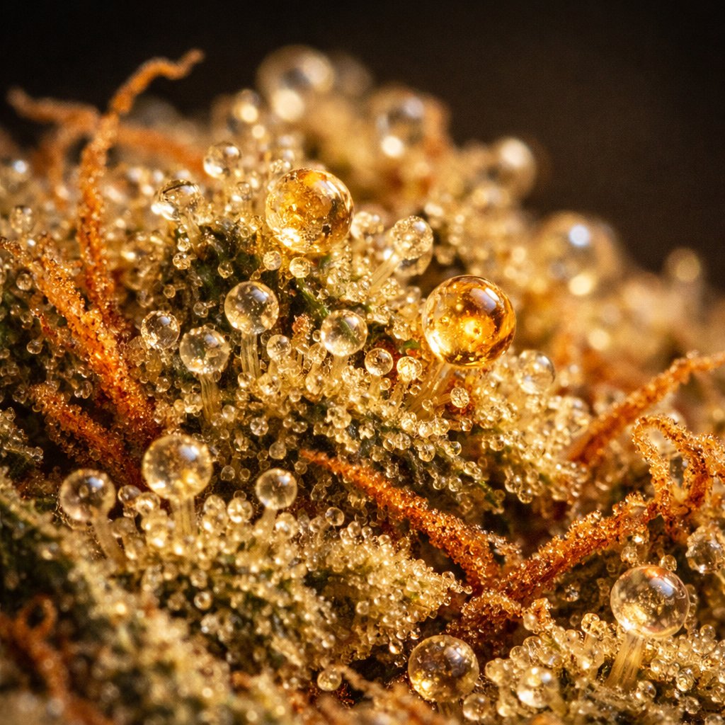 Gros plan macro sur trichomes résineux de fleurs de chanvre séchées