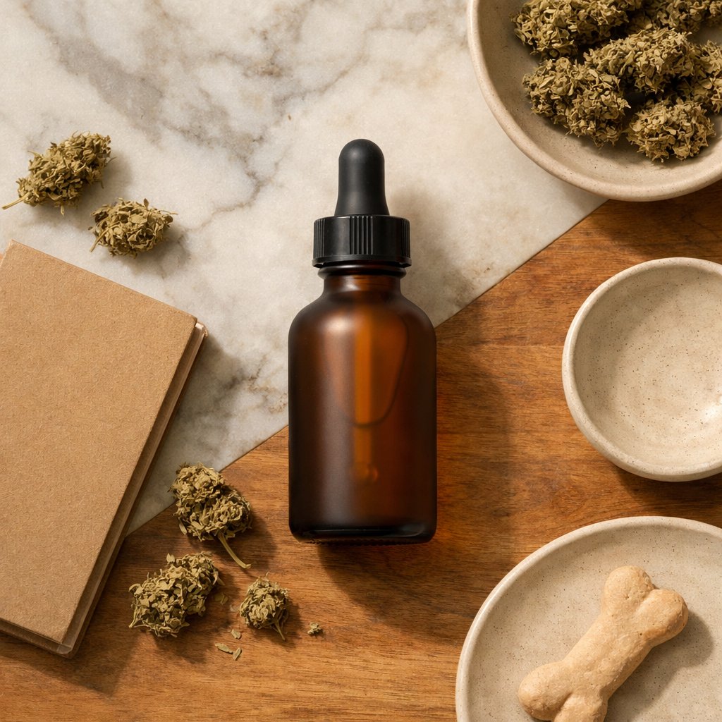 Vue zénithale d’une bouteille d’huile CBD pour animaux avec fleurs séchées et accessoires neutres