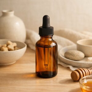 Bouteille d’huile CBD pour animaux en verre ambré sur bois naturel