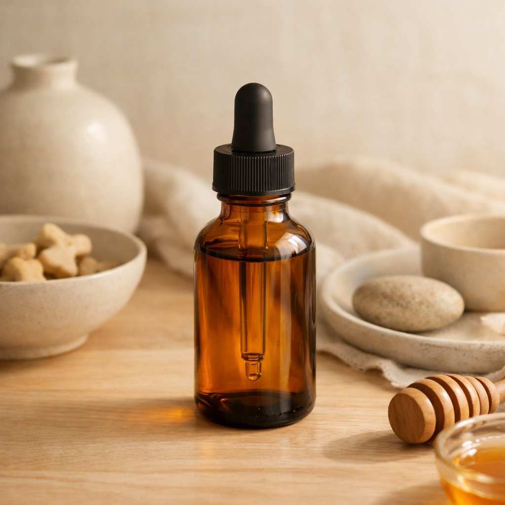 Bouteille d’huile CBD pour animaux en verre ambré sur bois naturel