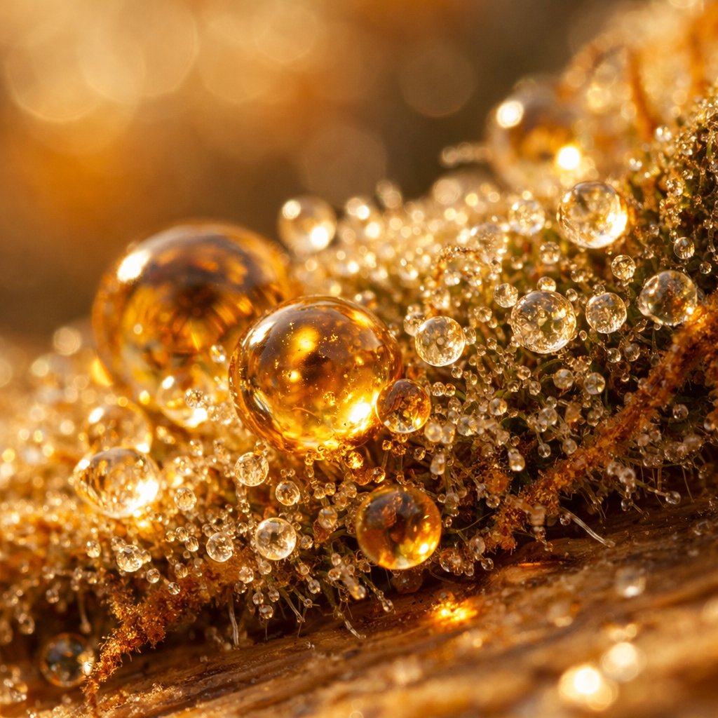 Détail macro de la texture d’huile CBD avec trichomes et résine