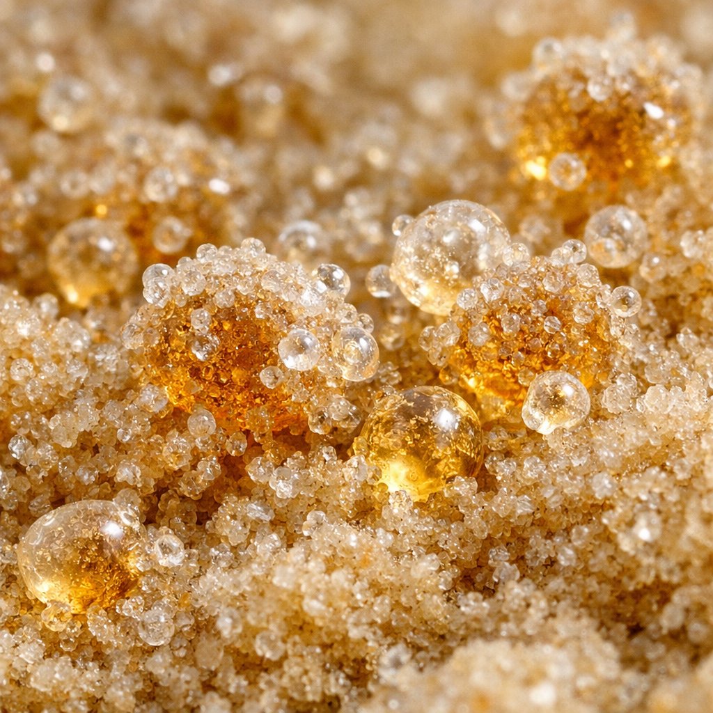 Détail macro des trichomes et résine cristalline sur hash CBD Ice O Lator