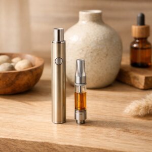 Kit vape CBD complet posé sur une surface en bois clair avec accessoires neutres.