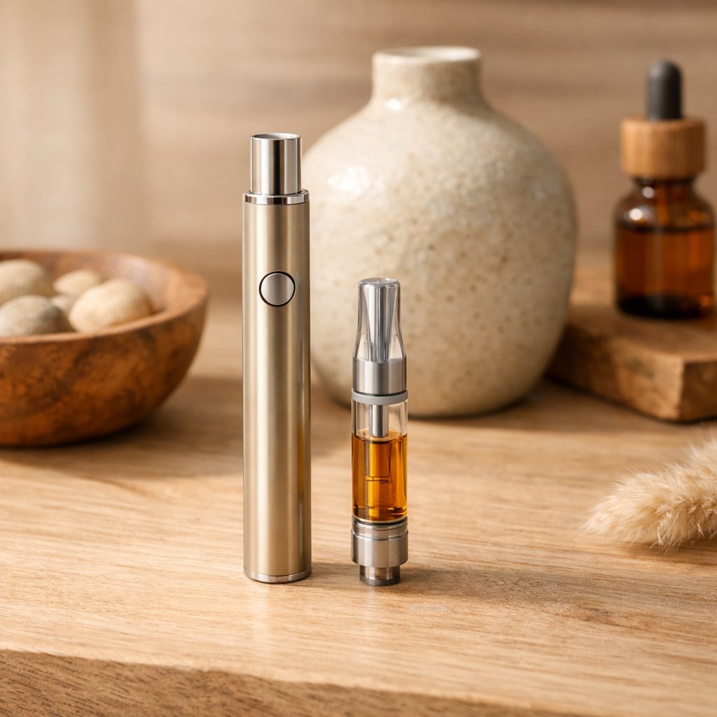Kit vape CBD complet posé sur une surface en bois clair avec accessoires neutres.