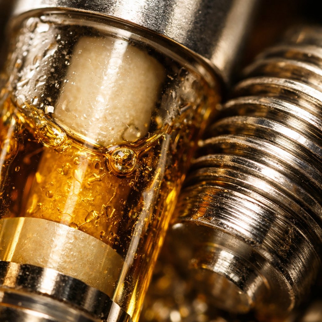 Détail macro d’une cartouche vape CBD avec texture de résine et pas de vis métallique.