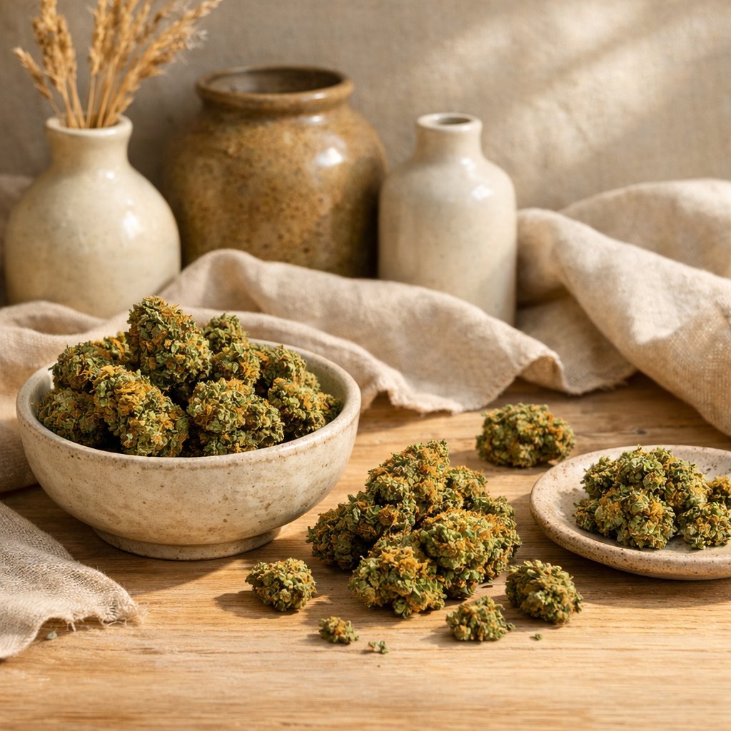 Fleurs CBD La Cosechera sous serre présentées sur bois clair avec linge naturel