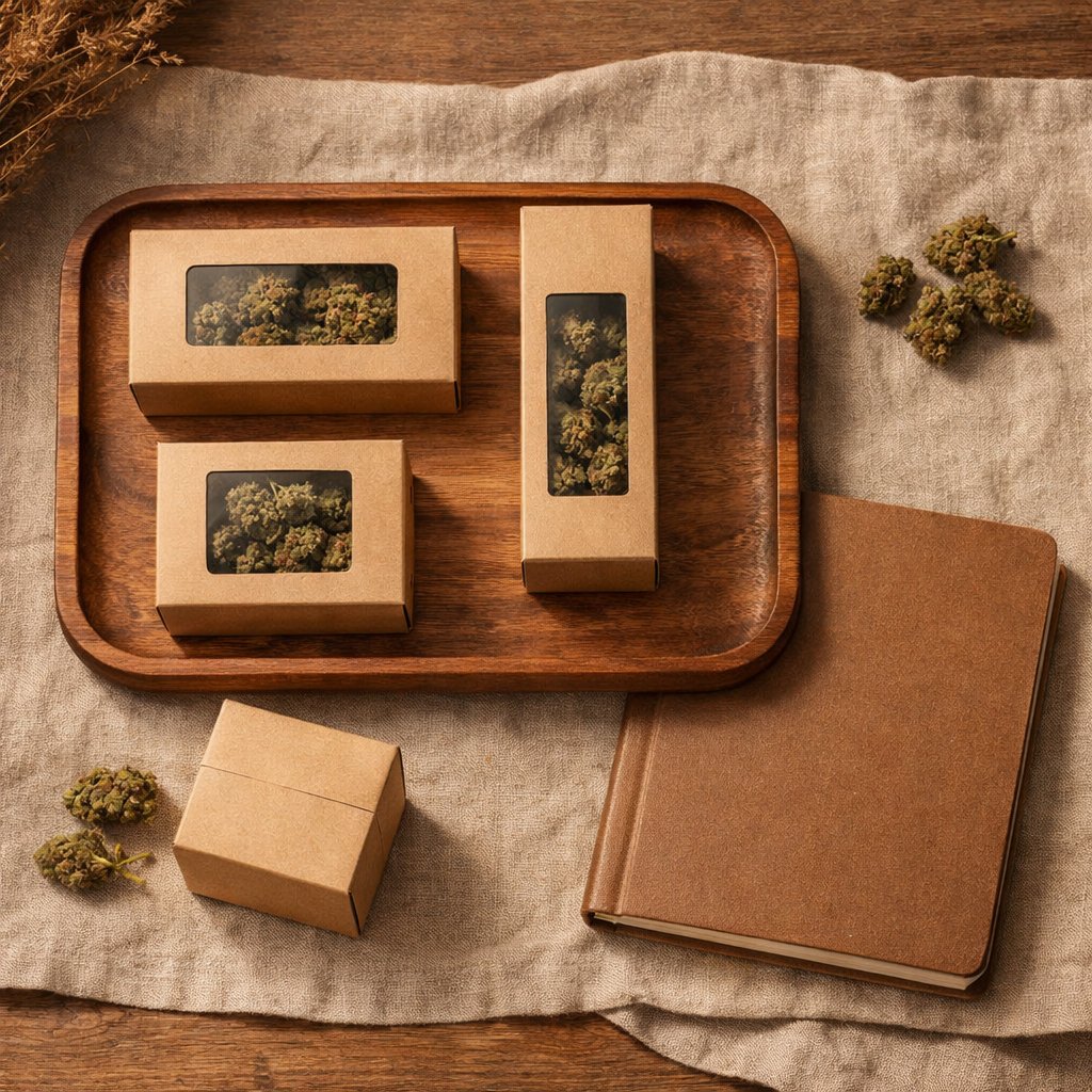 Vue flat-lay packaging et accessoires neutres pour fleurs CBD La Cosechera Greenhouse