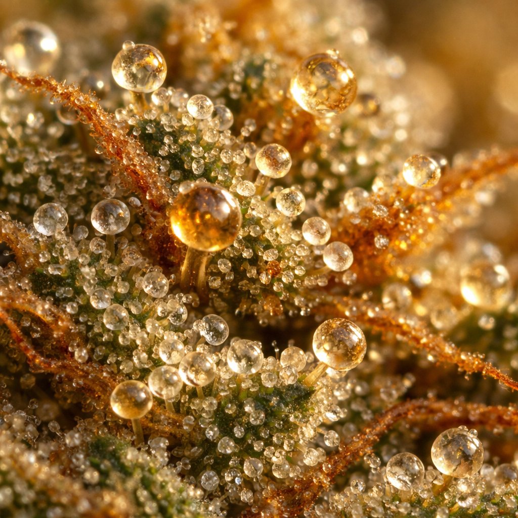 Détail macro des trichomes résineux d’une fleur CBD brillante
