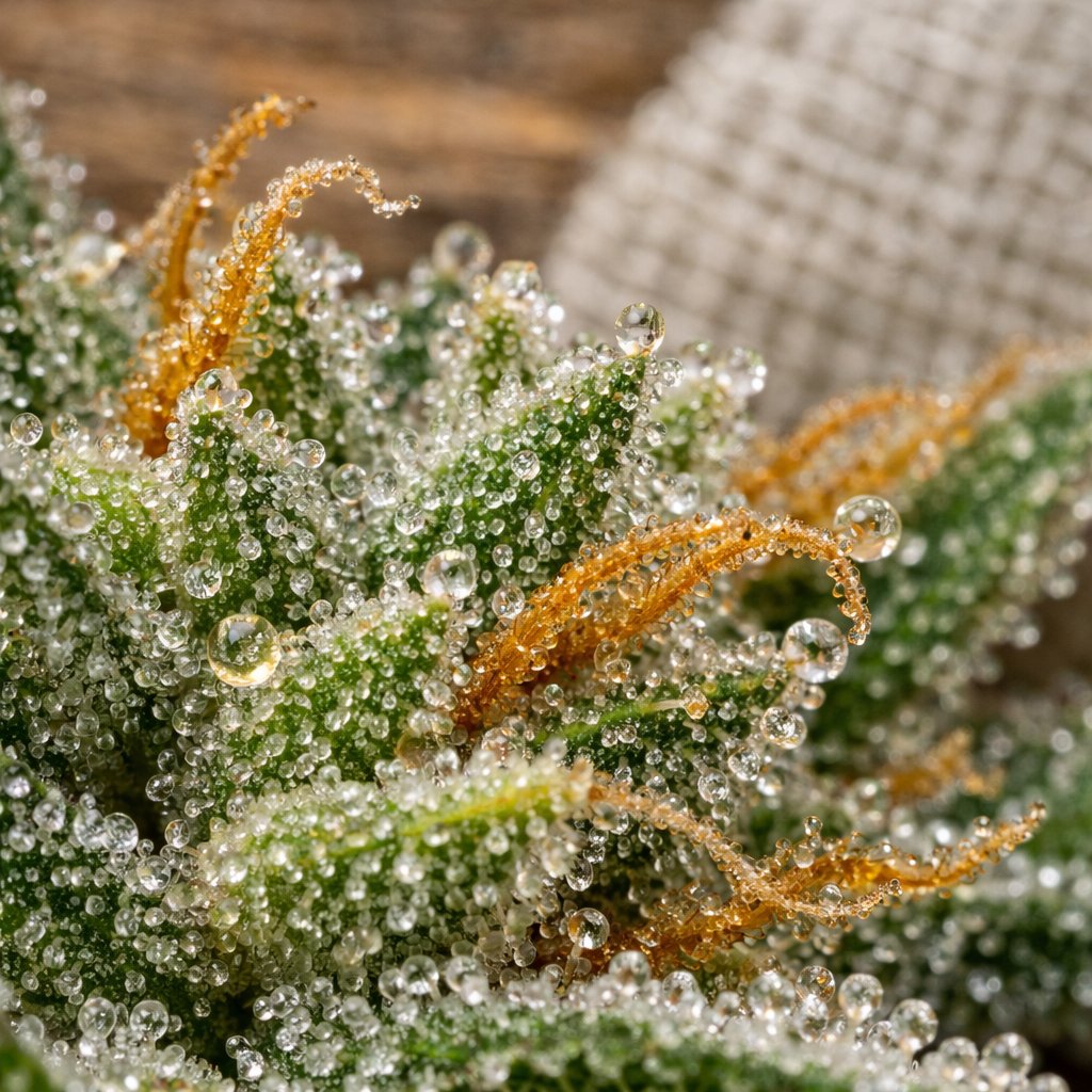 Détail macro des trichomes de chanvre avec cristaux de résine