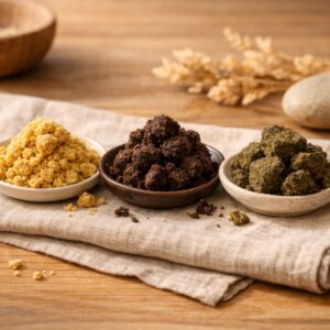 Trois types de pollen CBD alignés : blond clair, chocolat et iranien beige, sur surface naturelle