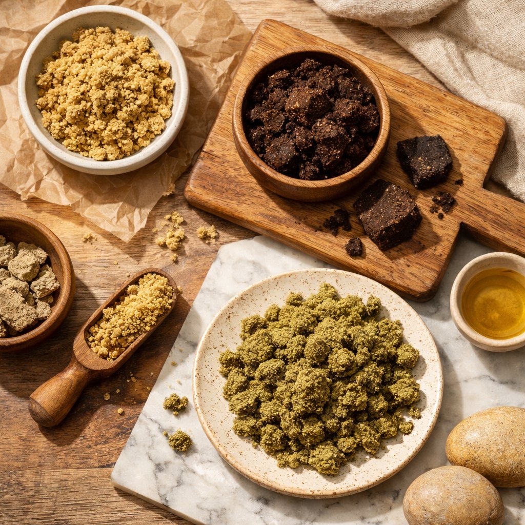 Vue zénithale de pollens CBD sur surfaces bois et marbre avec accessoires neutres