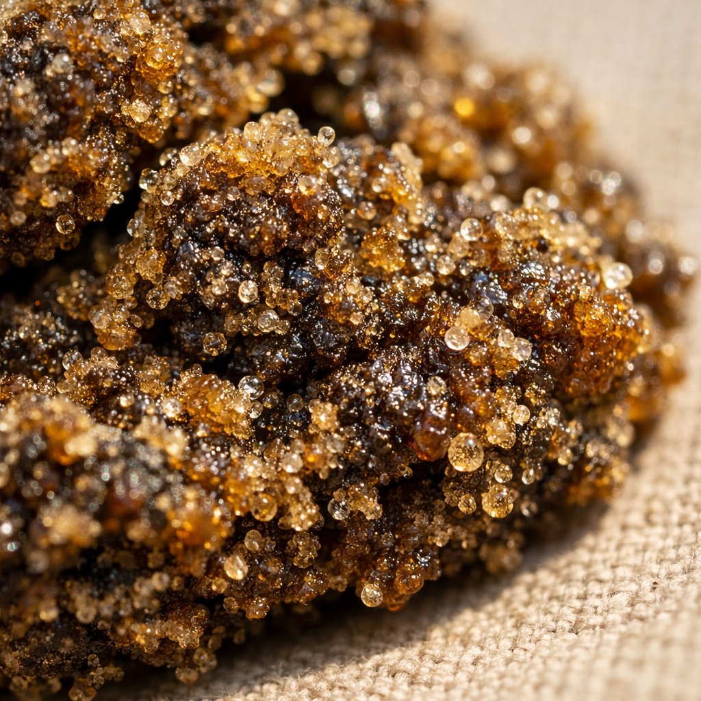 Détail macro des trichomes et résine de haschich CBD