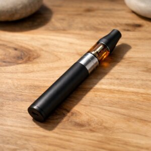 Appareil vape CBD premium posé sur bois naturel avec lumière douce