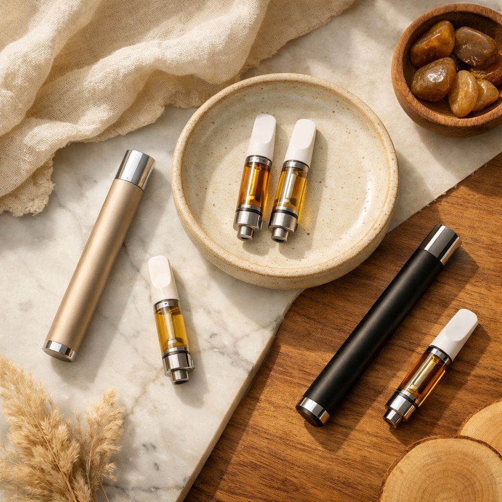 Composition flat-lay avec vape CBD rechargeable et accessoires neutres