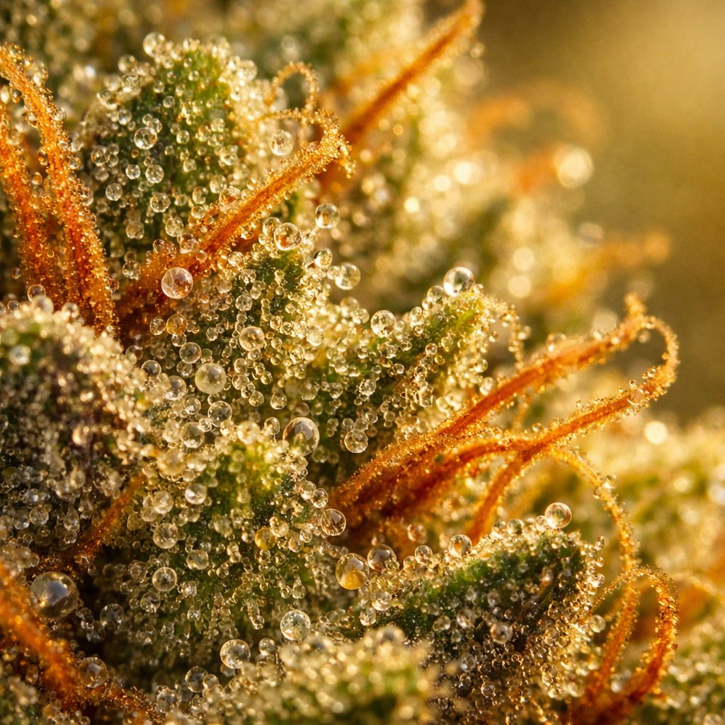 Gros plan macro sur les trichomes et la résine d’un bourgeon Runtz CBD