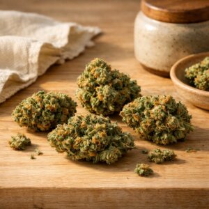 Fleurs séchées Skunk 1 CBD sur bois clair avec éléments en lin et céramique