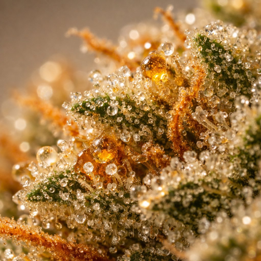 Détail macro des trichomes et résine de la Skunk 1 CBD
